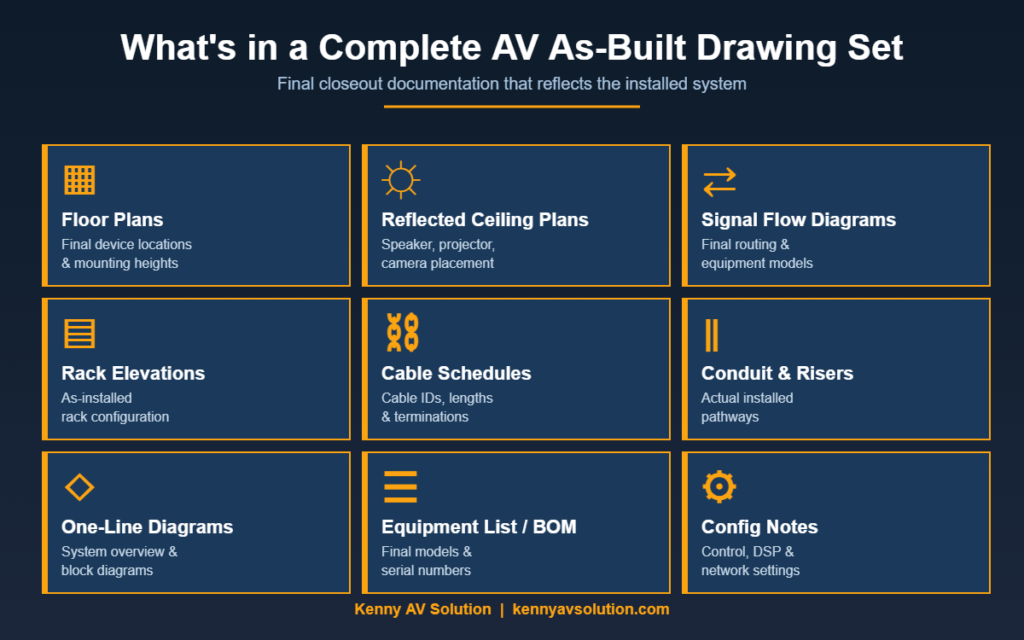 AV as-built drawings components infographic showing what is included in a complete closeout documentation set