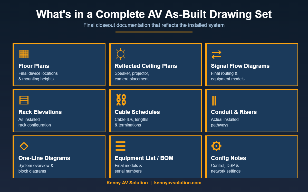 AV as-built drawings components infographic showing what is included in a complete closeout documentation set