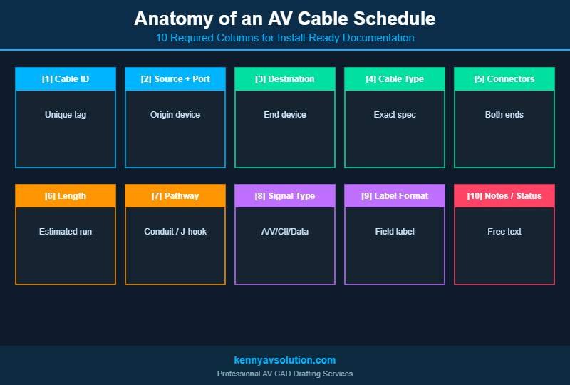 AV cable schedule anatomy infographic — 10 required columns