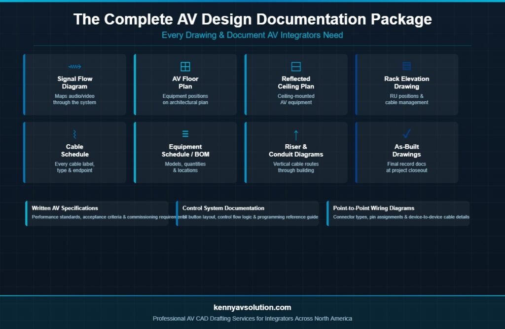 AV design documentation package showing all required drawings and documents