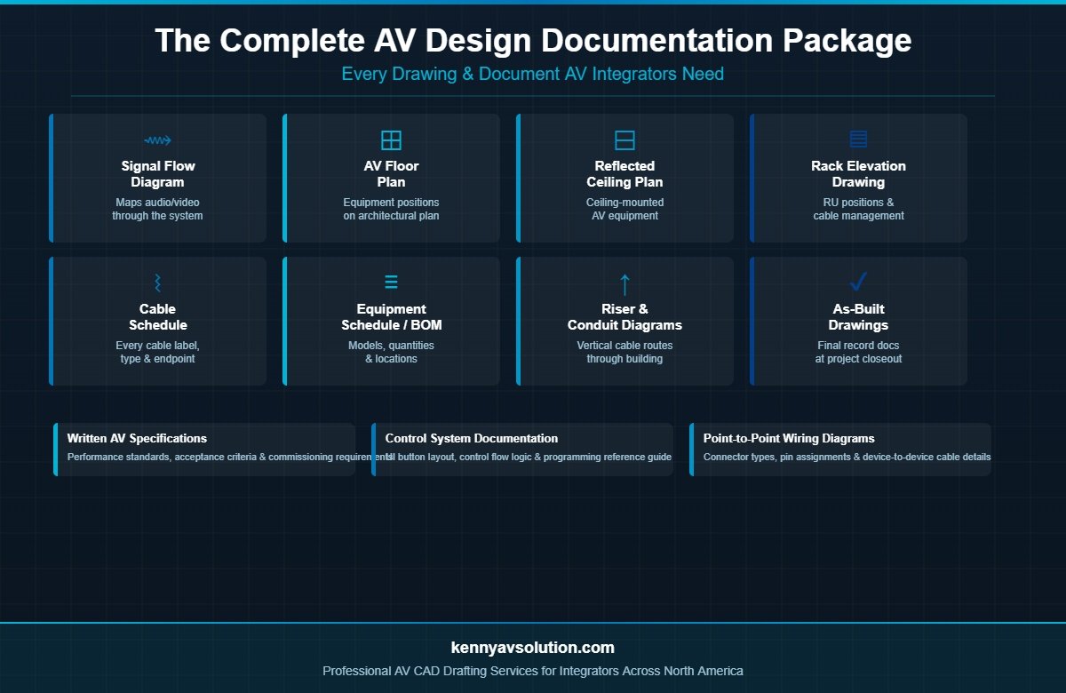 AV design documentation package showing all required drawings and documents