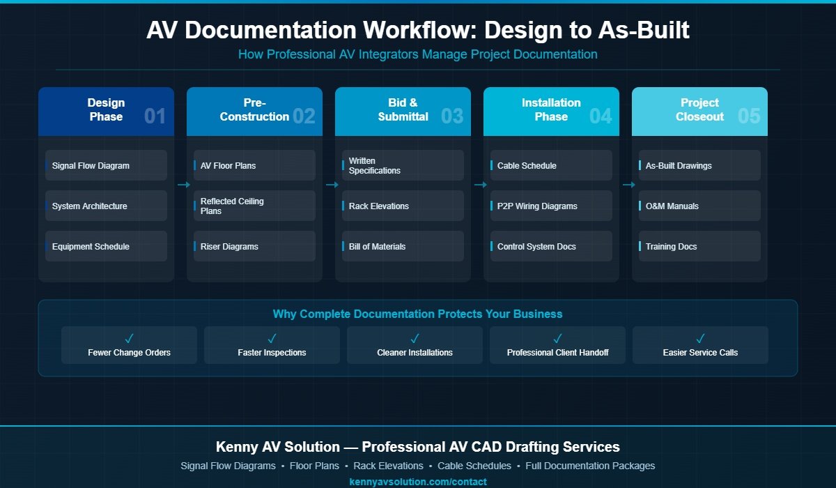 AV documentation workflow from design phase through project closeout as-built drawings