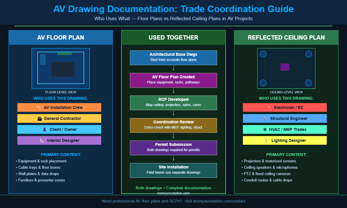 AV drawing trade coordination guide showing who uses floor plans and reflected ceiling plans