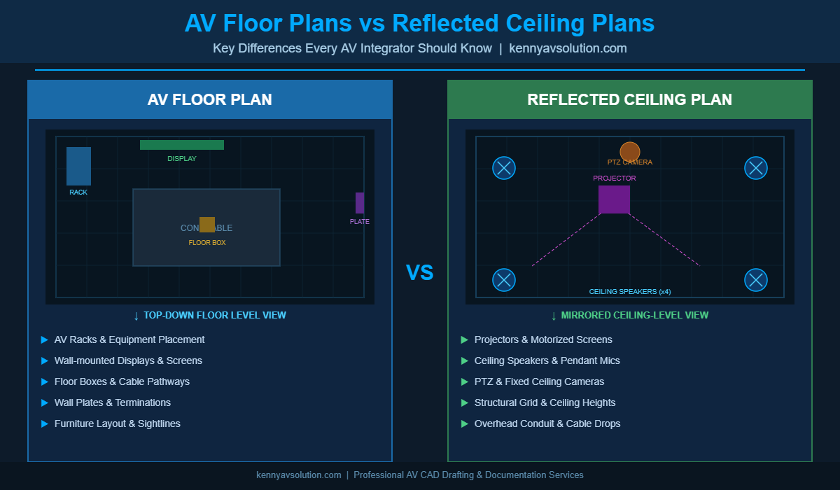 AV floor plans vs reflected ceiling plans comparison diagram for AV integrators