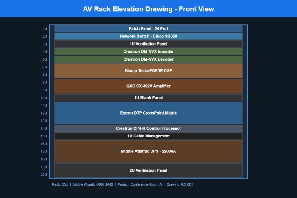 AV rack elevation drawing showing front view of a 20U equipment rack with labeled components including DSP, amplifier, matrix switcher, and control processor