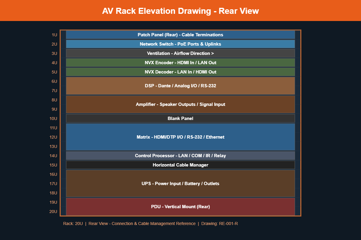 AV rack elevation drawing rear view showing cable connections, power distribution, and I/O ports for all equipment in a 20U rack