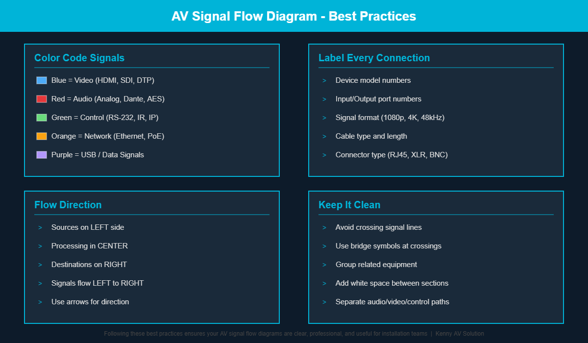Infographic showing AV signal flow diagram best practices including color coding signals, labeling connections, flow direction, and keeping diagrams clean