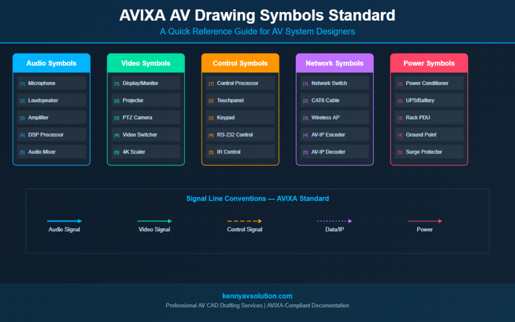 AVIXA AV drawing symbols standard quick reference guide - symbol categories infographic