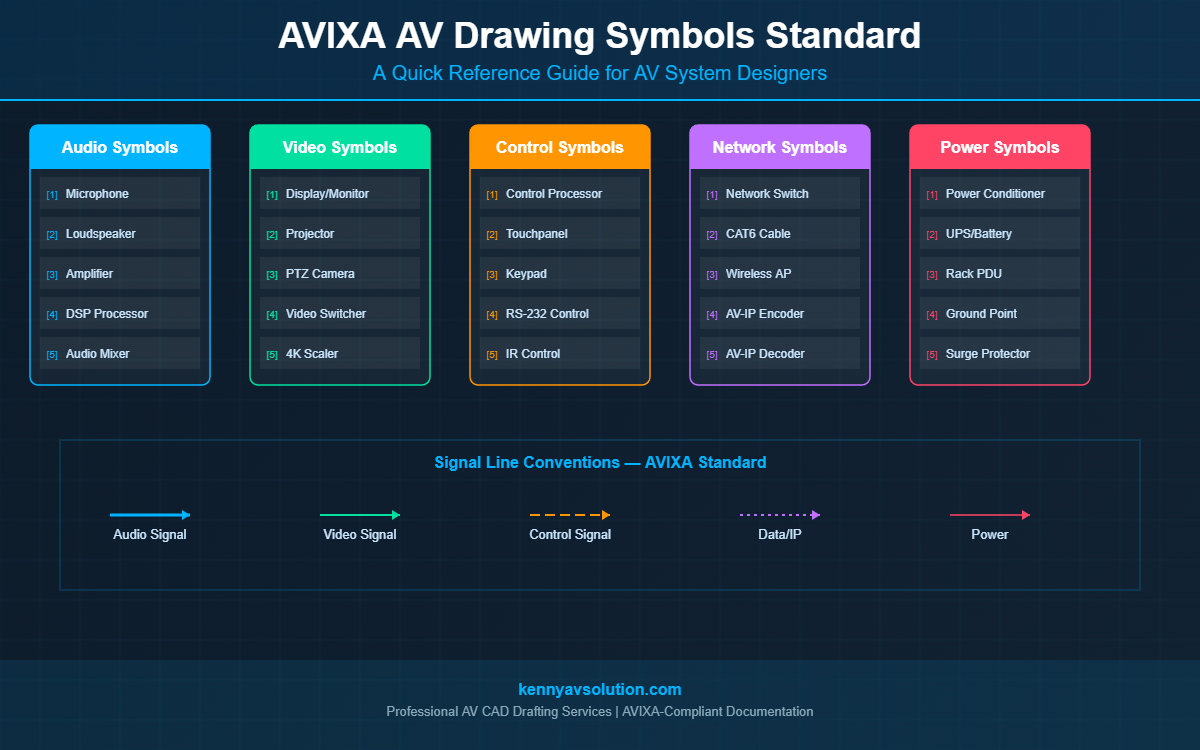 AVIXA AV drawing symbols standard quick reference guide - symbol categories infographic