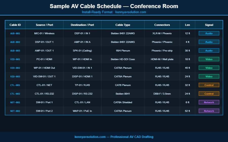 Sample AV cable schedule for a conference room with cable IDs source destination cable type and signal types