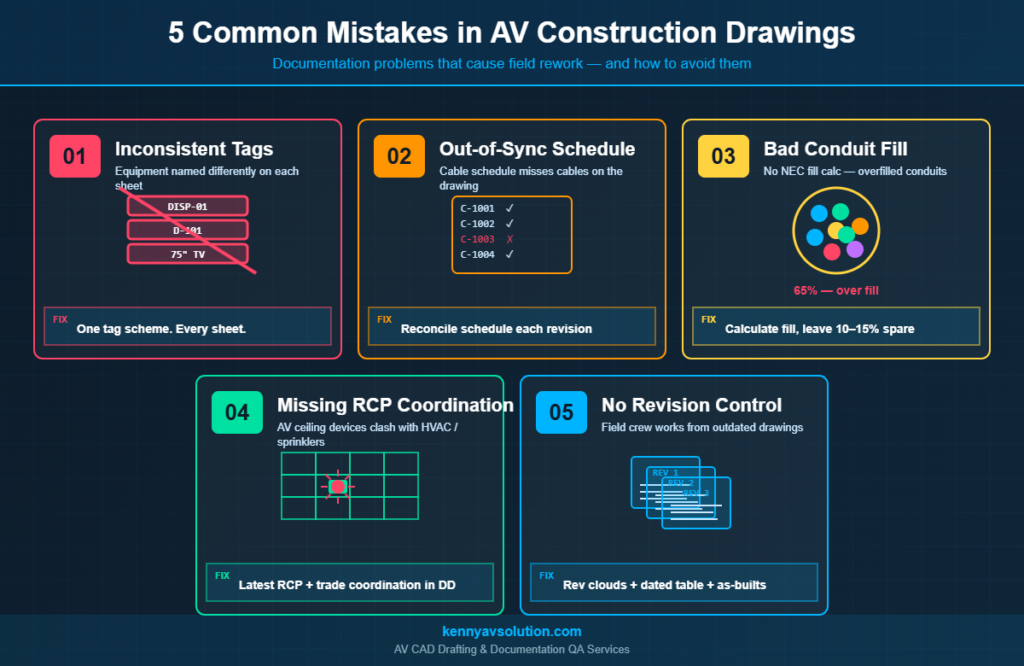 5 common mistakes in AV construction drawings infographic showing tag mismatches schedule sync conduit fill RCP coordination and revision control