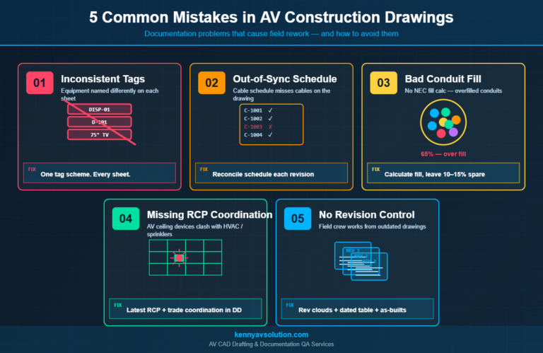 5 common mistakes in AV construction drawings infographic showing tag mismatches schedule sync conduit fill RCP coordination and revision control