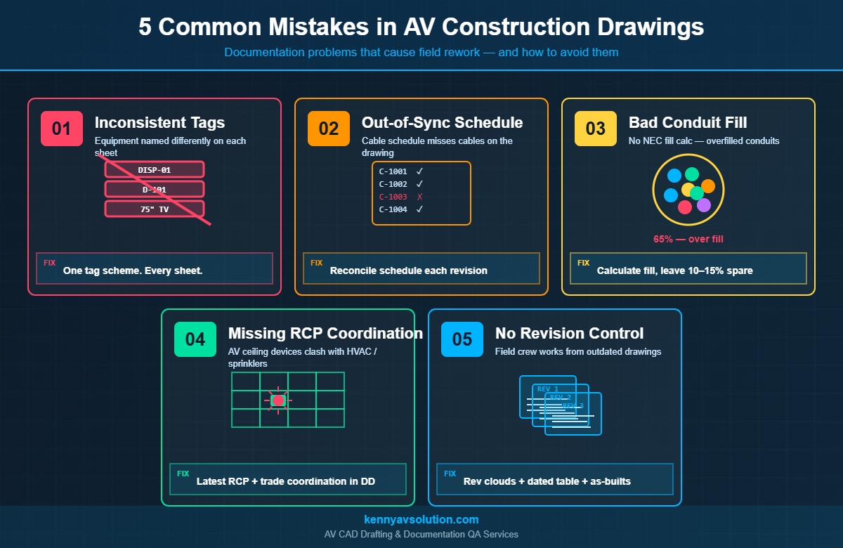 5 common mistakes in AV construction drawings infographic showing tag mismatches schedule sync conduit fill RCP coordination and revision control