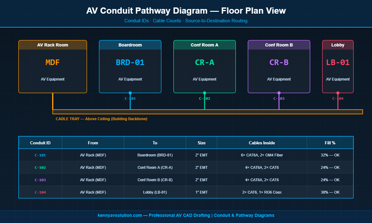 AV conduit pathway diagram in floor plan view showing conduit IDs cable counts and source destination routing