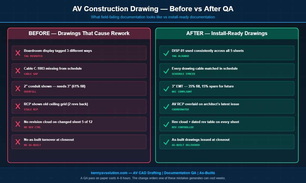 AV construction drawing mistakes before and after QA comparison showing rework-causing issues vs install-ready documentation