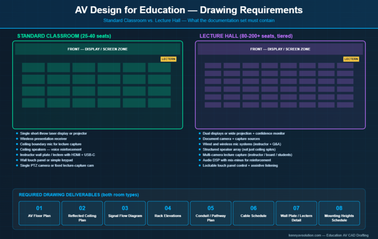 AV design for education comparison showing standard classroom and lecture hall device requirements and the eight required drawing deliverables
