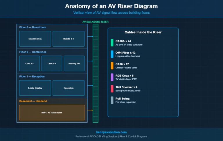 AV riser diagram anatomy showing multi-floor vertical signal flow with backbone cable types