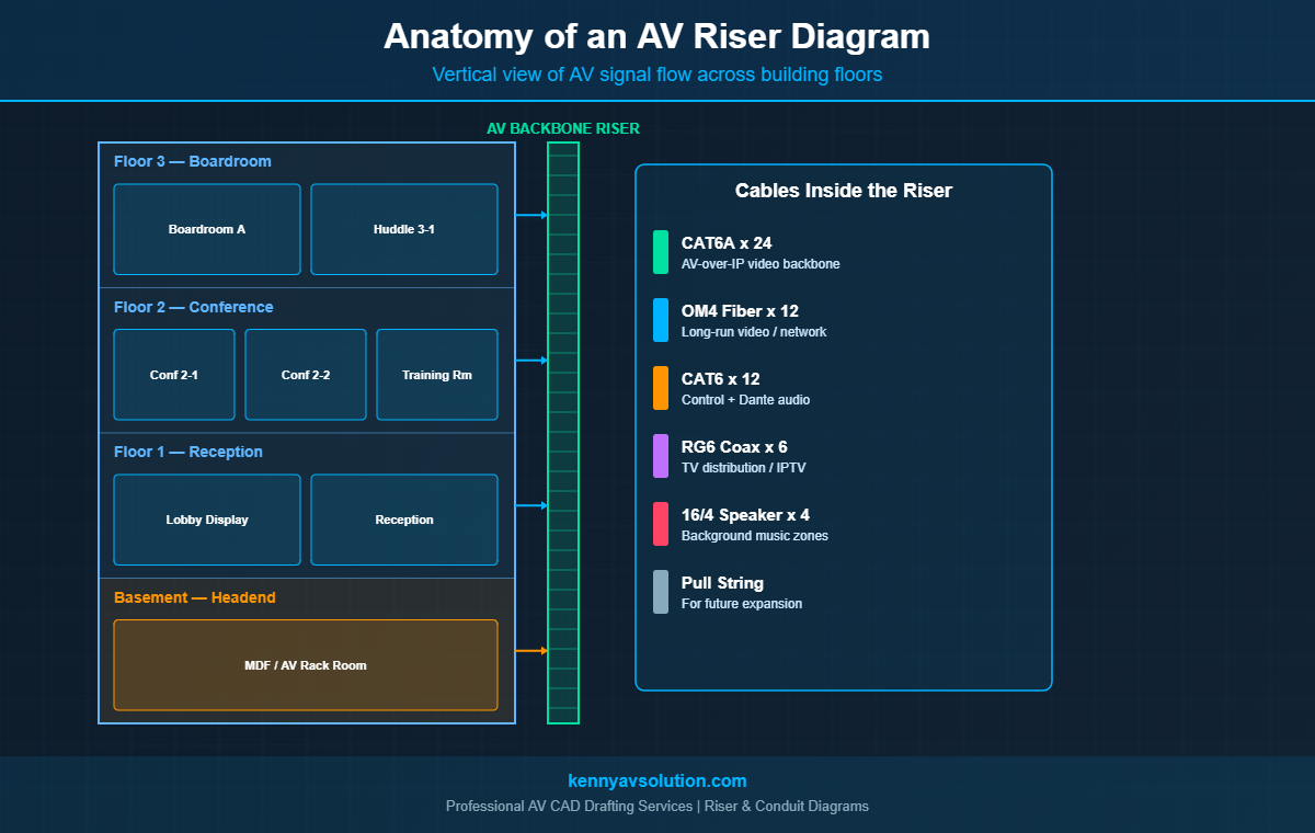 AV riser diagram anatomy showing multi-floor vertical signal flow with backbone cable types