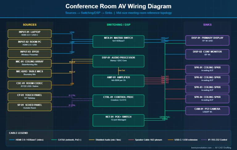Conference room AV wiring diagram showing sources, matrix switcher, DSP, amplifier, displays, ceiling speakers, and PTZ camera with cable types labeled