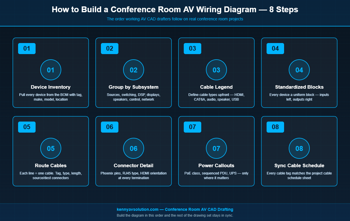 Eight step process infographic for creating a conference room AV wiring diagram from device inventory through cable schedule sync