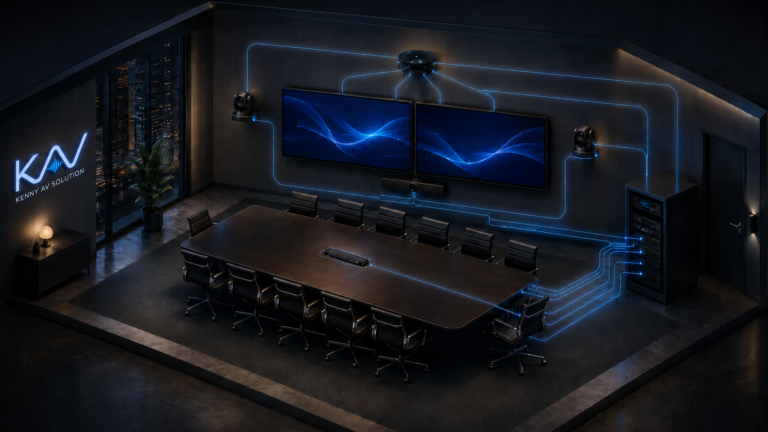 Corporate AV boardroom with dual displays, ceiling microphone, PTZ cameras, and an equipment rack connected by glowing signal-flow lines — corporate AV design documentation