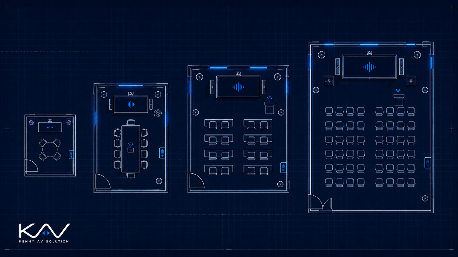 Blueprint floor plans of four corporate AV spaces — huddle room, boardroom, training room, and all-hands — showing how corporate AV design documentation scales with room size