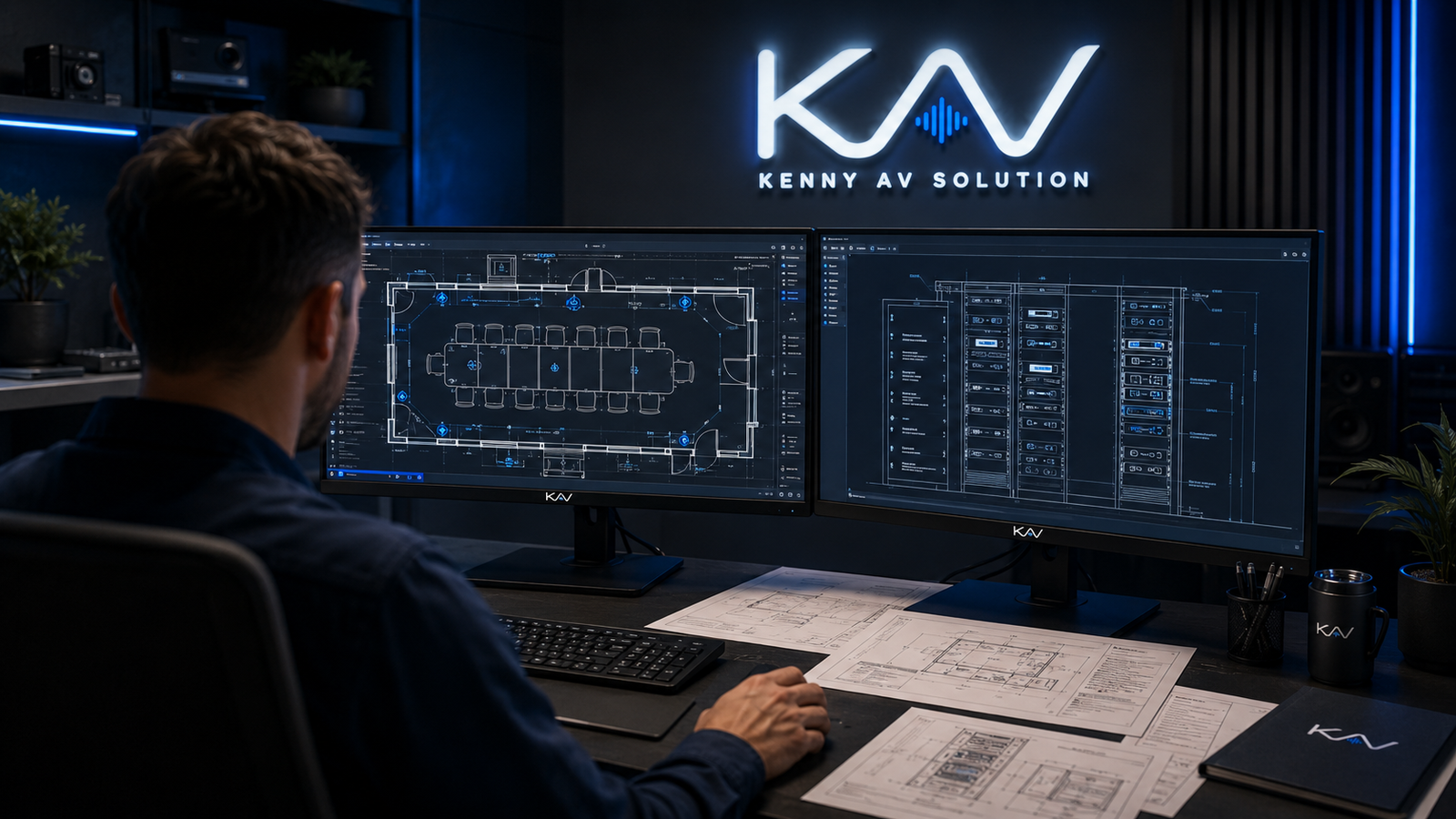 AV CAD designer working on a corporate boardroom floor plan and rack elevation on dual monitors — corporate AV design documentation drafting
