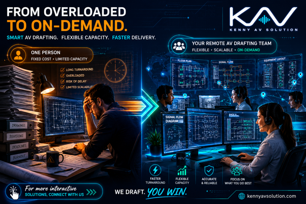 In-house vs outsourced AV CAD drafting — one overloaded drafter versus a flexible on-demand remote AV drafting team producing floor plans, signal flow, and equipment layouts