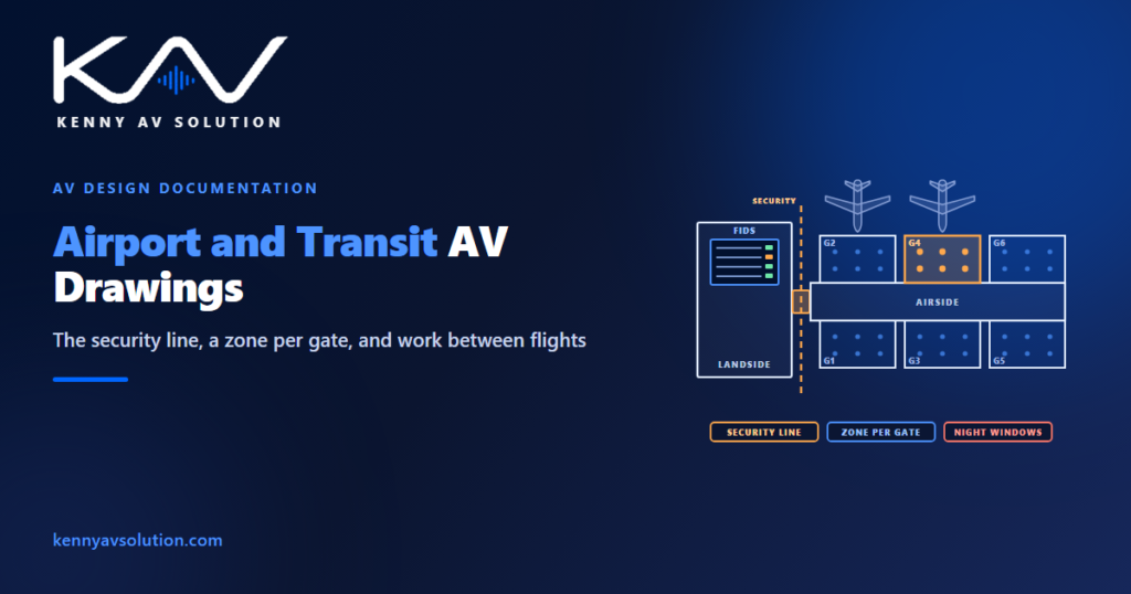 Airport and transit AV drawings: a terminal plan with landside, the security line and checkpoint, and an airside pier where each gate is its own PA zone, with gate G4 live and aircraft on stand