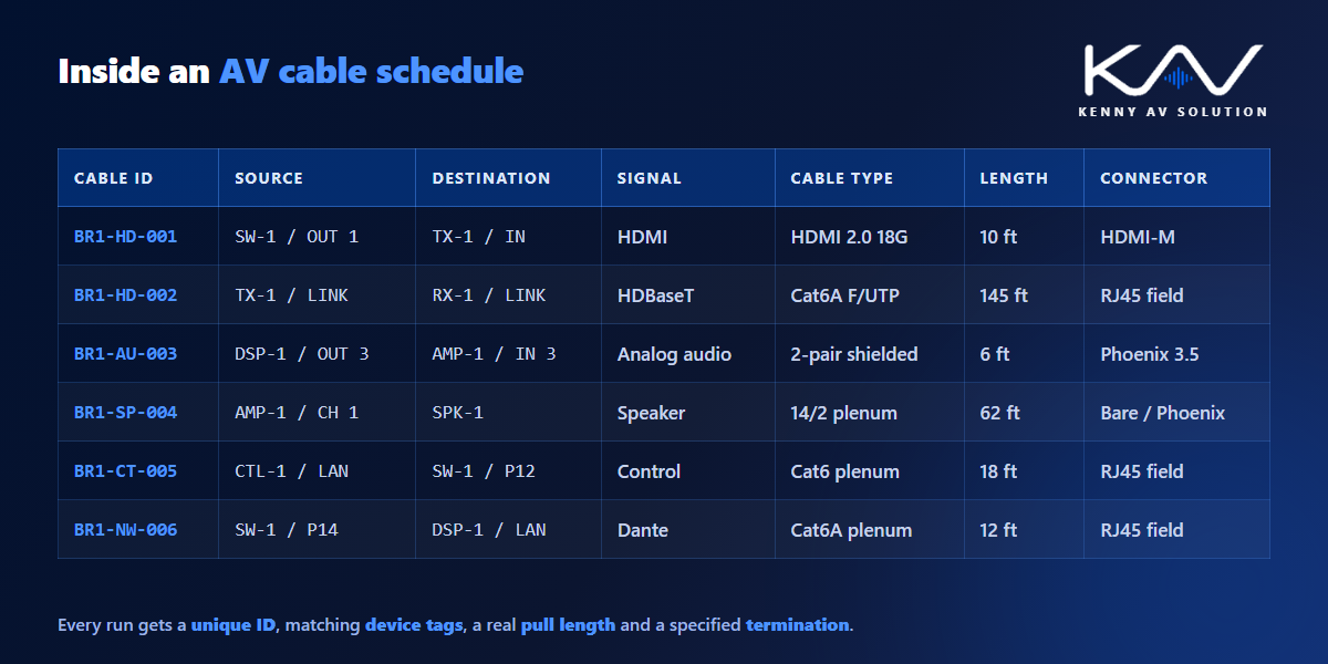 Example AV cable schedule table showing cable ID, source, destination, signal type, cable type, length and connector columns
