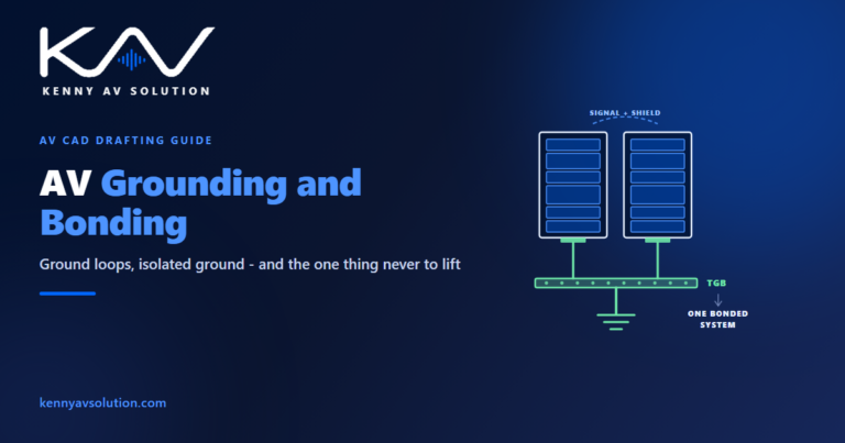 AV grounding and bonding - two racks bonded by jumpers to a common telecommunications grounding busbar and on to the building grounding electrode system