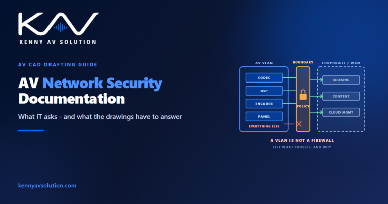 AV network security: an AV VLAN separated from the corporate network by a policy boundary, with three permitted flows crossing it and all other traffic blocked