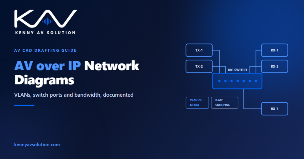 AV over IP network diagram guide showing encoders and decoders connected to a 10G switch with VLAN and IGMP snooping callouts