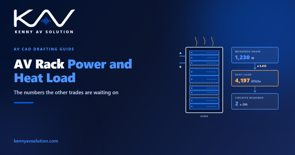 AV rack power and heat load - a rack with A and B feeds, 1,230W converting to 4,197 BTU per hour and two 20A circuits