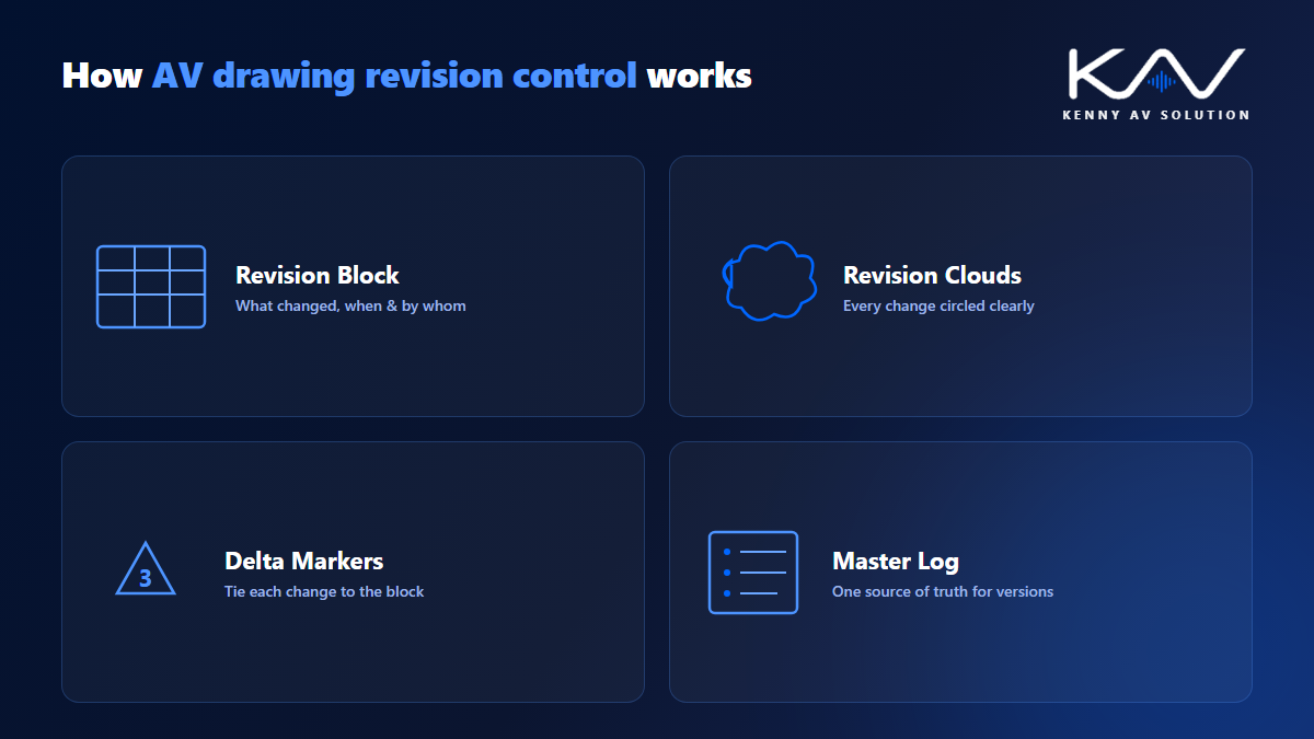 How AV drawing revision control works: revision block, revision clouds, delta markers and a master log