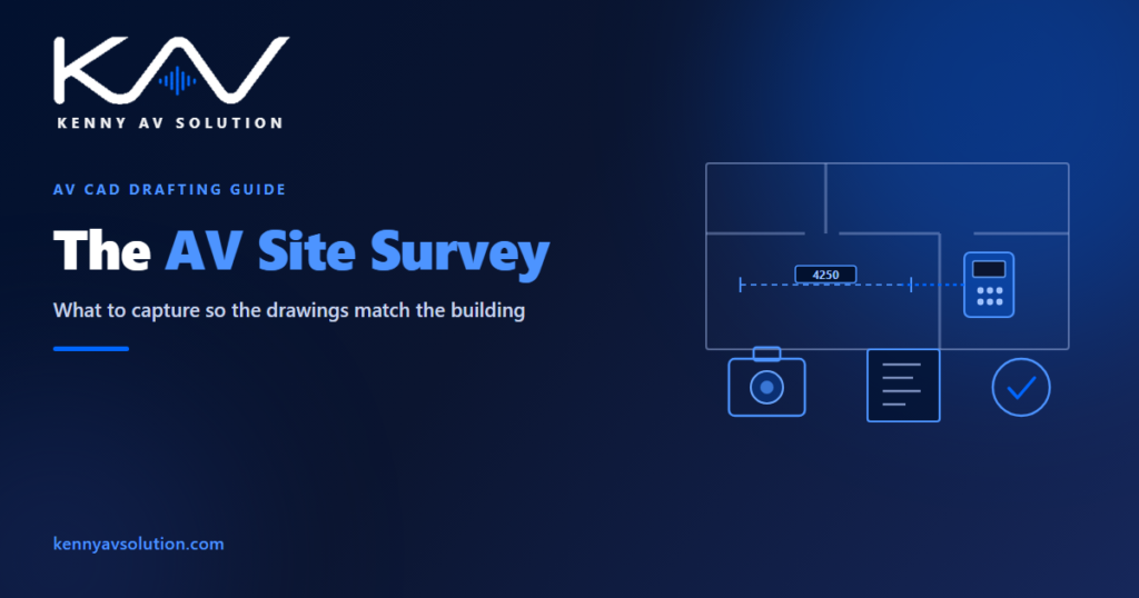 The AV site survey - a floor plan with a dimension, a laser distance meter, a camera, survey notes and a completed check