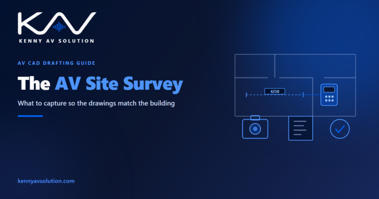 The AV site survey - a floor plan with a dimension, a laser distance meter, a camera, survey notes and a completed check