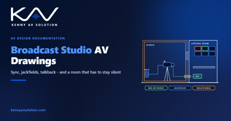 Broadcast studio AV drawings: a studio inside an acoustic envelope with a camera and tally light, a floor wall box, a sync reference crossing a sealed transit from the control room, and a multiviewer showing programme and preview