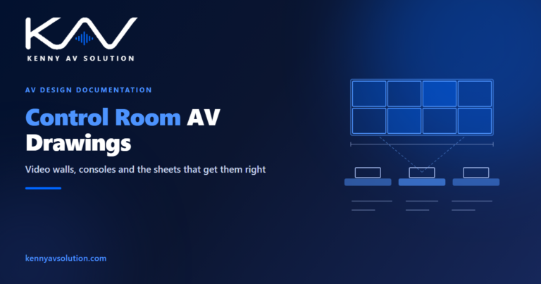 Control room AV drawings - a video wall array above operator consoles with sightlines and an overall width dimension