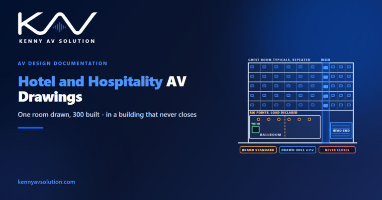 Hotel and hospitality AV drawings: a hotel section with repeated guest room floors, a riser and IDF stack, a divisible ballroom with rigging points and a tie-in panel, and the head-end