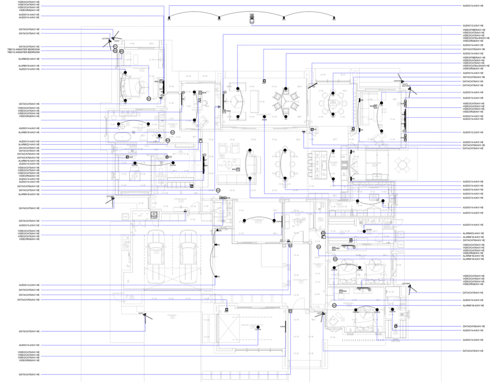 Residential AV pre-wire floor plan from an as-built set with cable home-runs for audio, video, data and CCTV