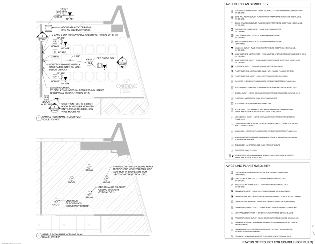 AV floor plan and reflected ceiling plan for a conference room with device tags, mounting heights and symbol key