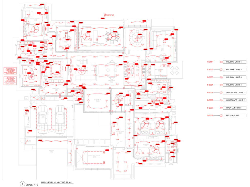 Residential lighting layout and circuiting plan with fixture types, load numbers and switched circuits