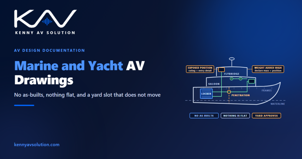 Marine and yacht AV drawings: a yacht profile showing the equipment locker, cable routes, a bulkhead penetration requiring yard approval, an exposed flybridge display and a weight-added-high callout