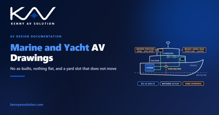 Marine and yacht AV drawings: a yacht profile showing the equipment locker, cable routes, a bulkhead penetration requiring yard approval, an exposed flybridge display and a weight-added-high callout
