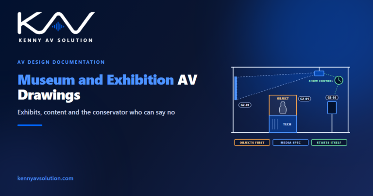 Museum and exhibition AV drawings: a gallery section with a projection path clearing a sealed showcase, the object compartment above a separate technical compartment, exhibit reference tags, a touchscreen and show control