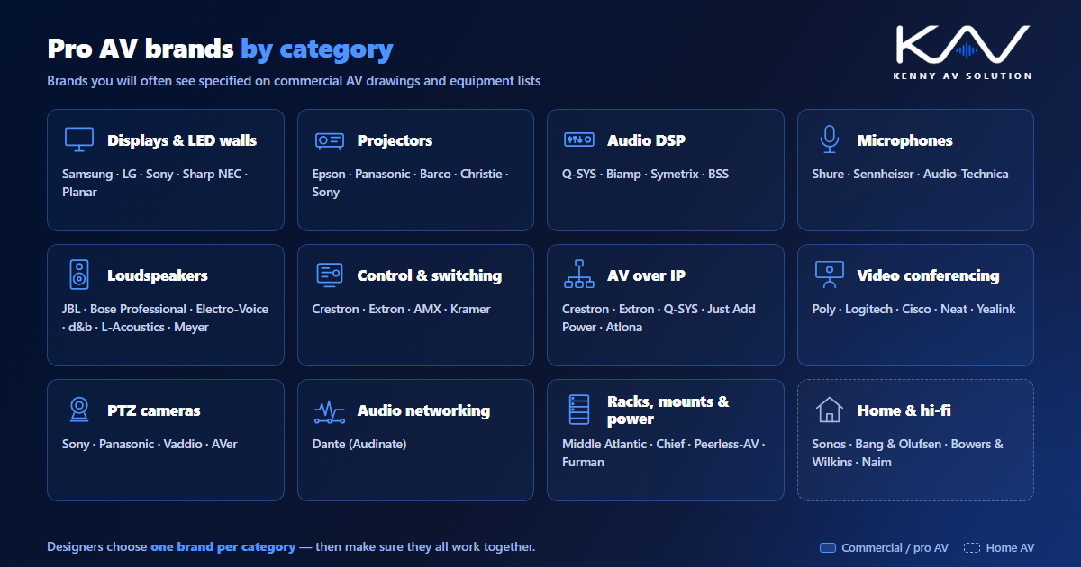 Pro AV brands by category: displays, projectors, audio DSP, microphones, loudspeakers, control, AV over IP, conferencing, cameras, audio networking and racks