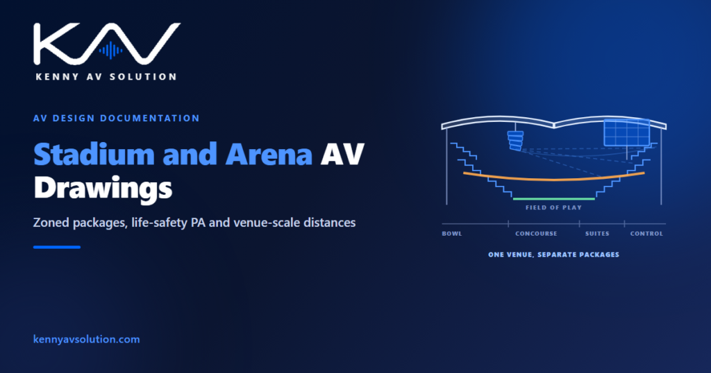 Stadium and arena AV drawings - a section through a bowl showing a hung loudspeaker array with coverage to the far seating, a video board and a ribbon display