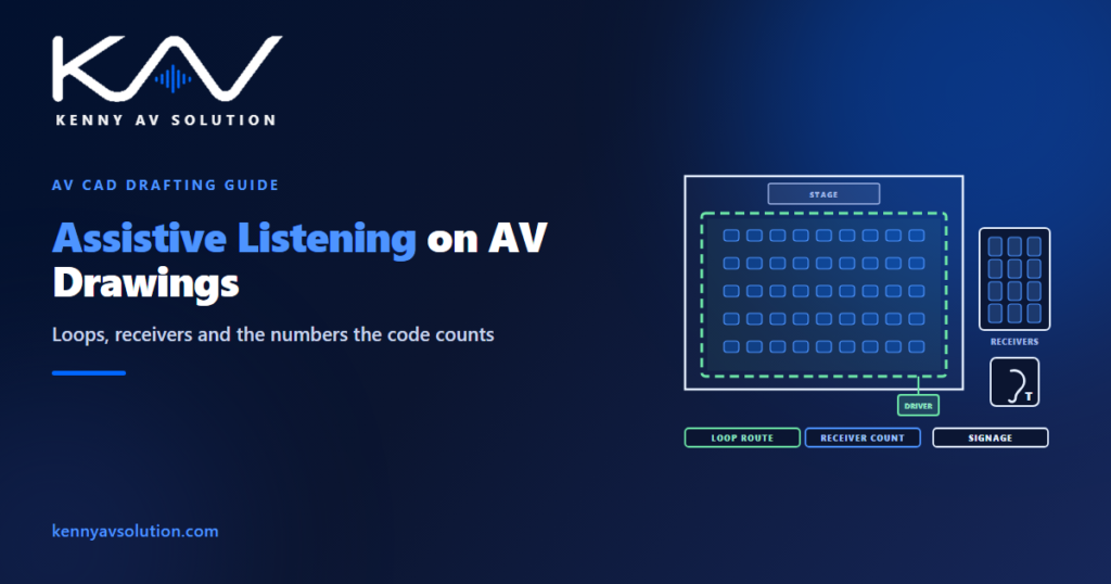 Assistive listening on AV drawings: an assembly room plan with a perimeter hearing loop and driver, a receiver charging cabinet and the hearing access sign