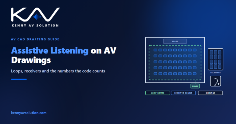 Assistive listening on AV drawings: an assembly room plan with a perimeter hearing loop and driver, a receiver charging cabinet and the hearing access sign
